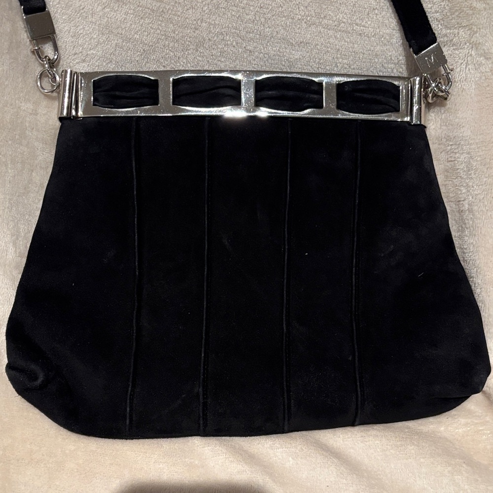 Vintage Black Suede Shoulder Bag with Silver Accents